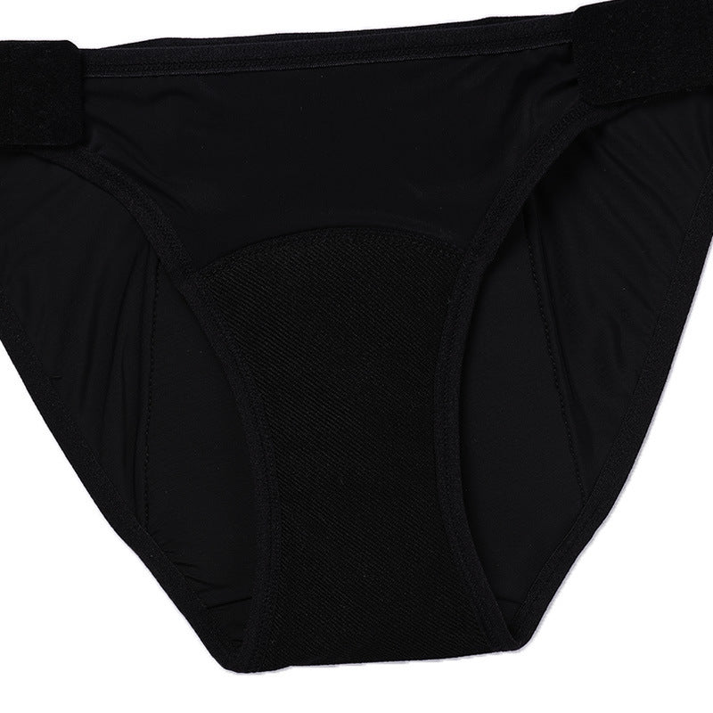 Women's mid-waist menstrual underwear with double hook-button closure.