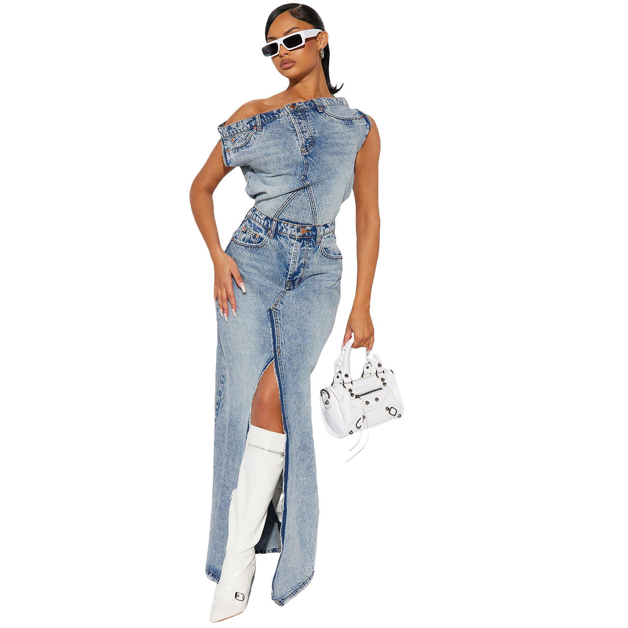 Women's Fashion Retro Denim Casual Denim Skirt Suit