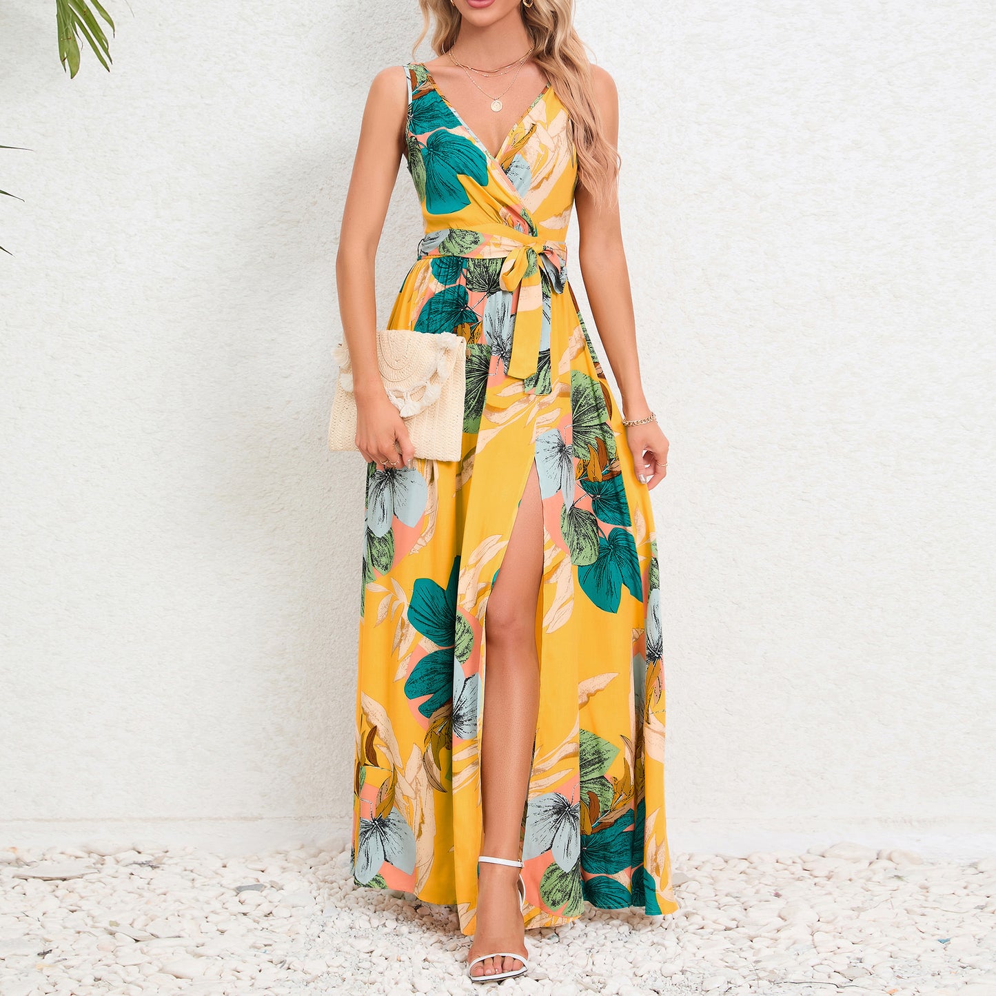 V-neck Floral Print Long Dress Summer Fashion Waist Tie Slit Design Sleeveless Dress For Women Clothing