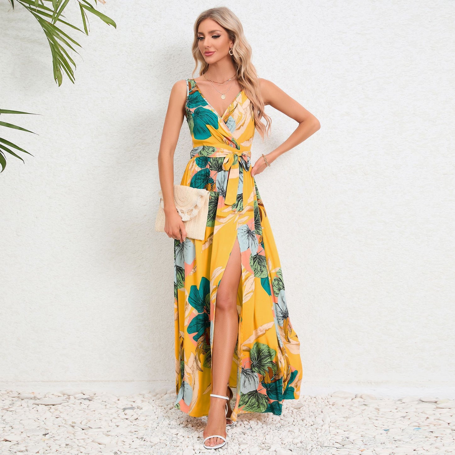 V-neck Floral Print Long Dress Summer Fashion Waist Tie Slit Design Sleeveless Dress For Women Clothing