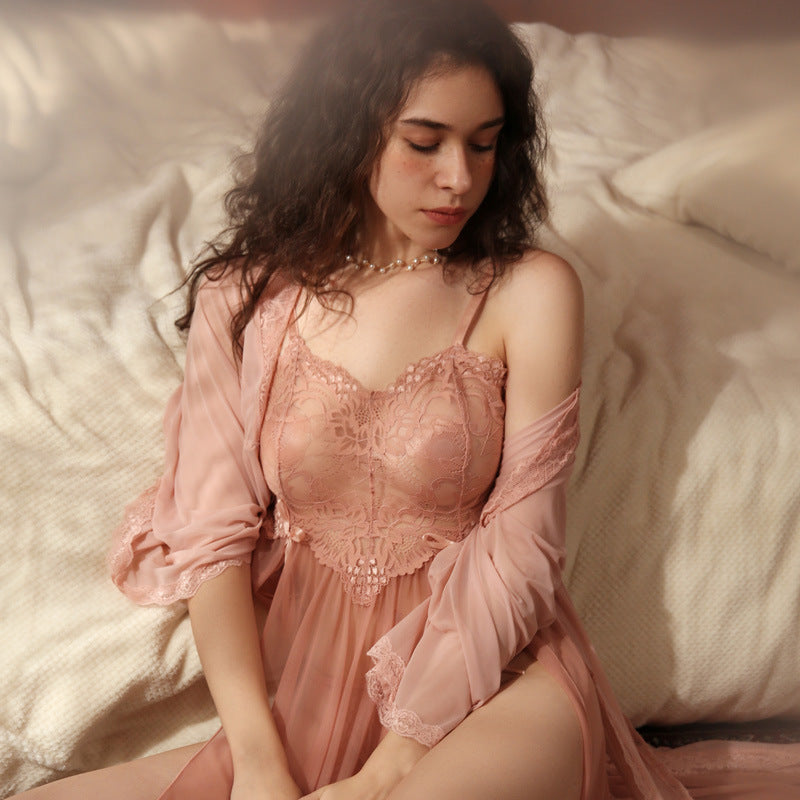 Ethereal Elegance: Lace Thin Transparent Suspender Nightdress