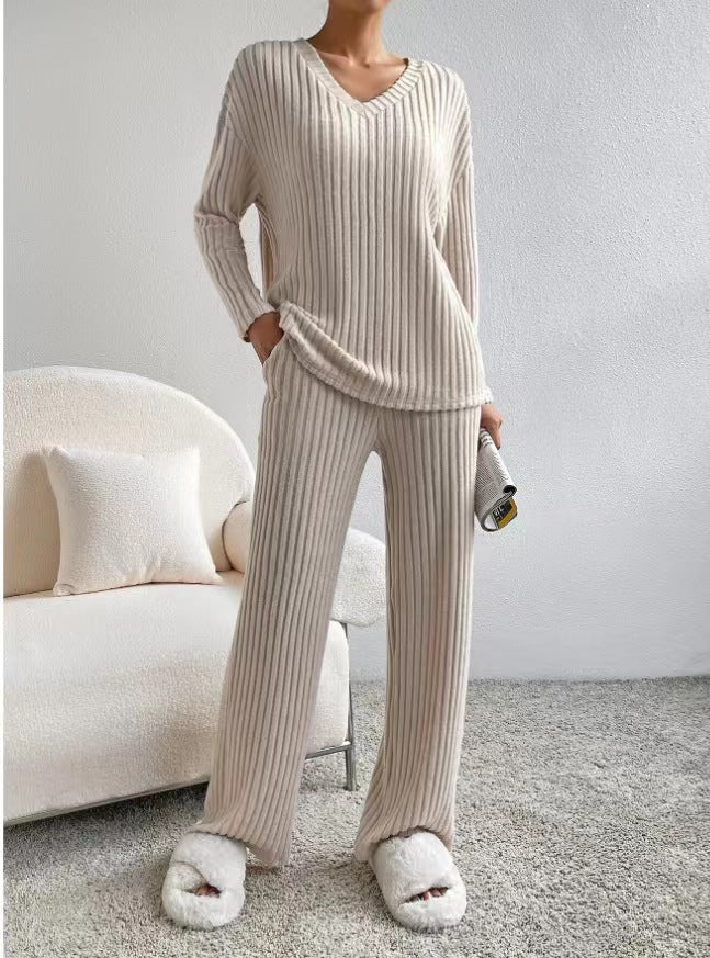 Fashion Straight Loose Temperament V-neck Sunken Stripe Knitting Suit