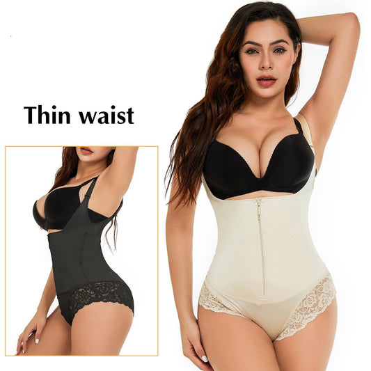 Latex Corset Women's Belly Contracting Zipper Lace Jumpsuit