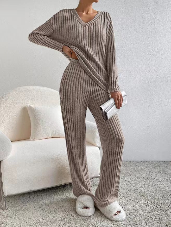 Fashion Straight Loose Temperament V-neck Sunken Stripe Knitting Suit