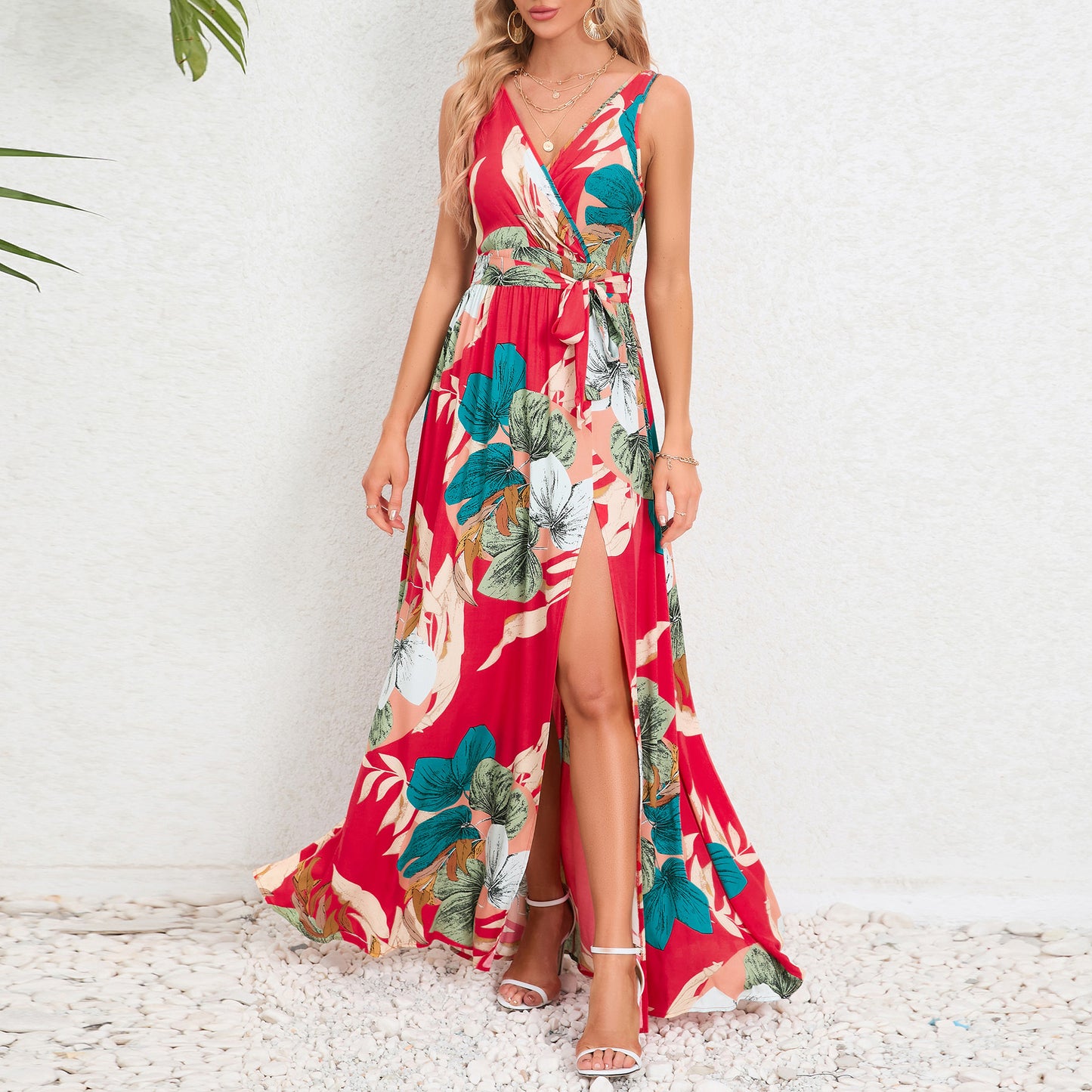 V-neck Floral Print Long Dress Summer Fashion Waist Tie Slit Design Sleeveless Dress For Women Clothing