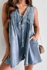 Sleeveless Denim Pleated One-piece Shorts