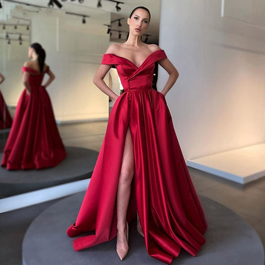 Mixed Satin Sexy High Waist Off-shoulder Deep V High Slit Dress