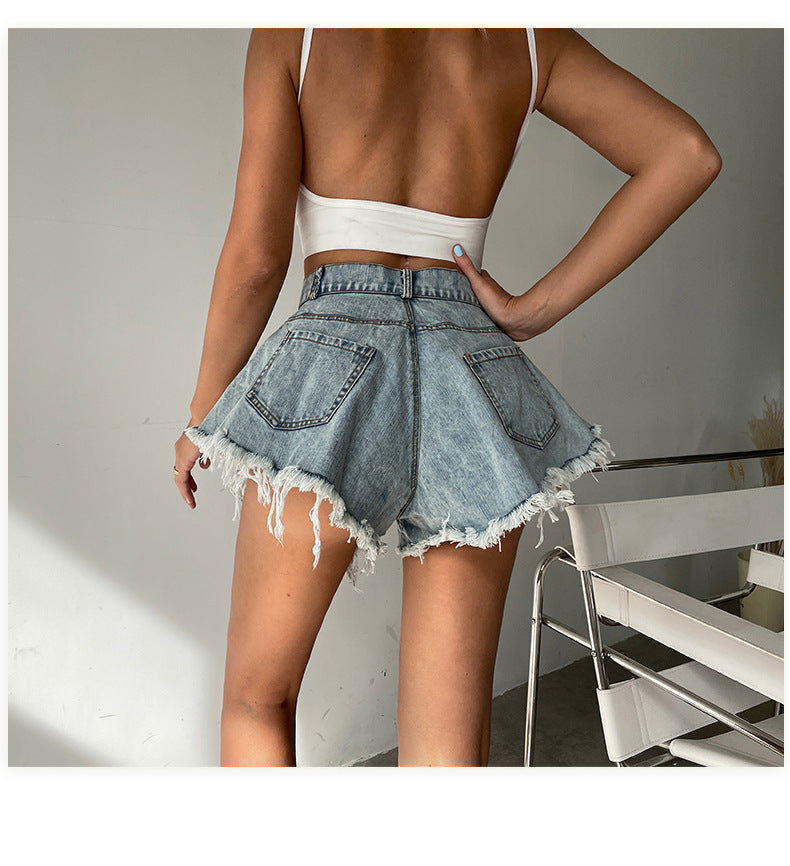 High Waist Loose-fitting Tassel Denim Shorts For Women