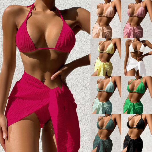 3 pcs. Halterneck Swimsuit Set Beach Solid Color Sexy Backless Bikini With Mesh Skirt Summer Women Clothing