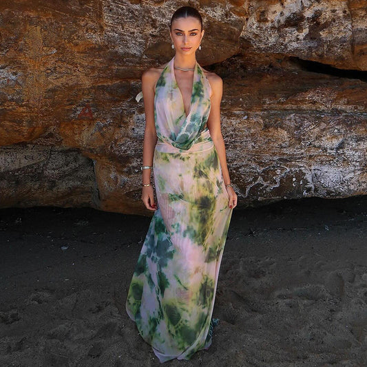 2. Two pcs. Tie Dye Printing Deep V-neck Suits Fashion Halter Backless Long Dresses For Beach Party Womens Clothing