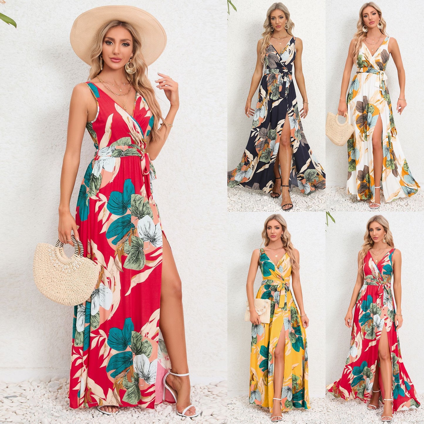 V-neck Floral Print Long Dress Summer Fashion Waist Tie Slit Design Sleeveless Dress For Women Clothing