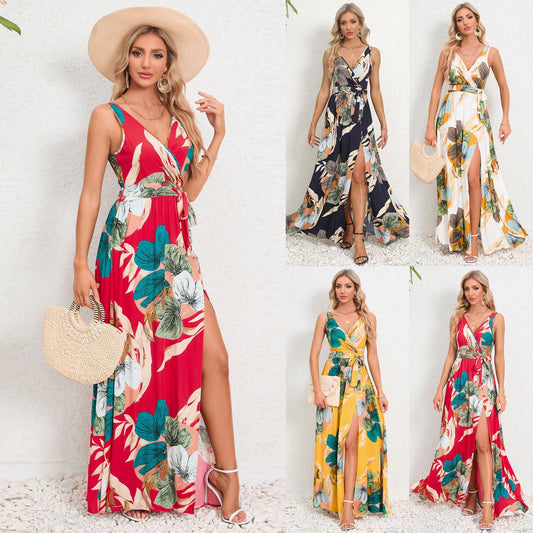 V-neck Floral Print Long Dress Summer Fashion Waist Tie Slit Design Sleeveless Dress For Women Clothing