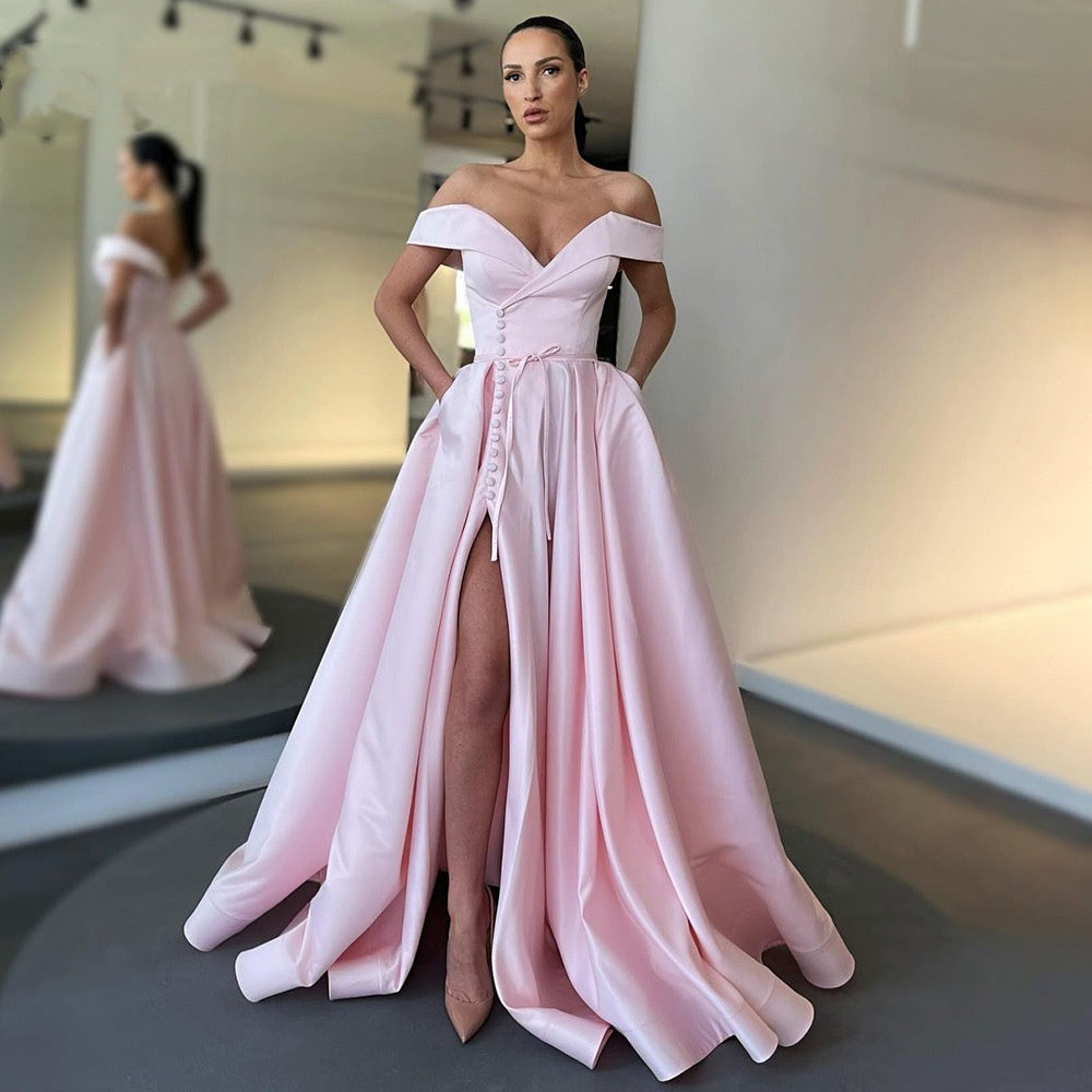 Mixed Satin Sexy High Waist Off-shoulder Deep V High Slit Dress