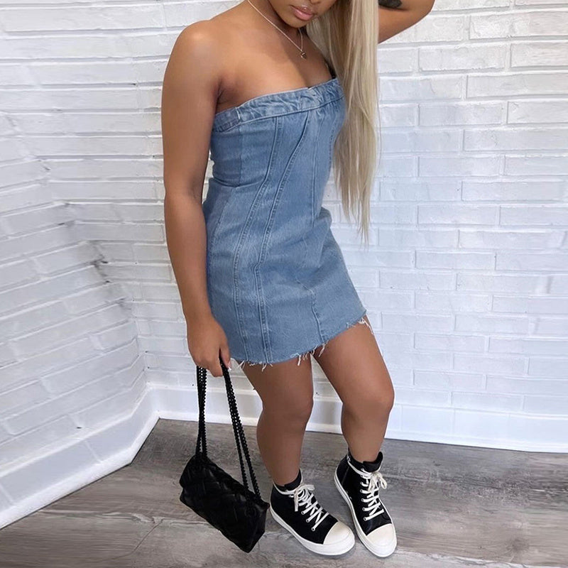 Fashion Backless Tube Denim Dress Summer Sexy Y2K Slim Short Dresses For Women