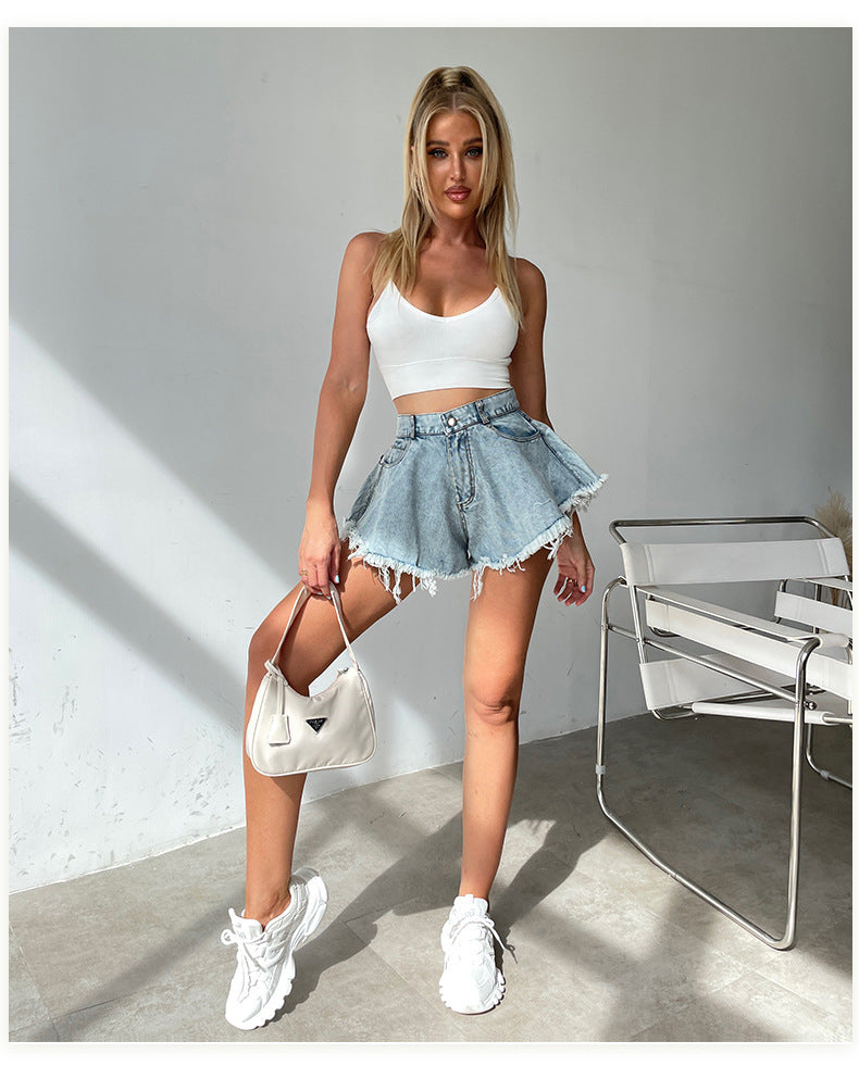 High Waist Loose-fitting Tassel Denim Shorts For Women