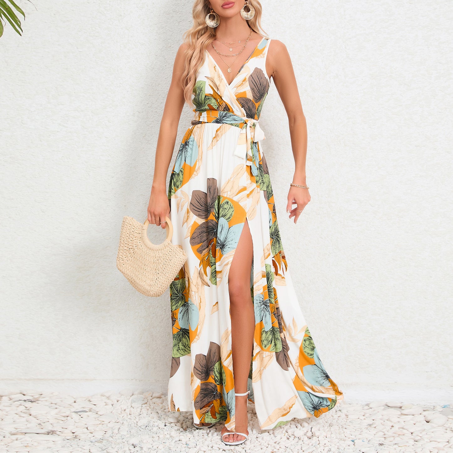 V-neck Floral Print Long Dress Summer Fashion Waist Tie Slit Design Sleeveless Dress For Women Clothing