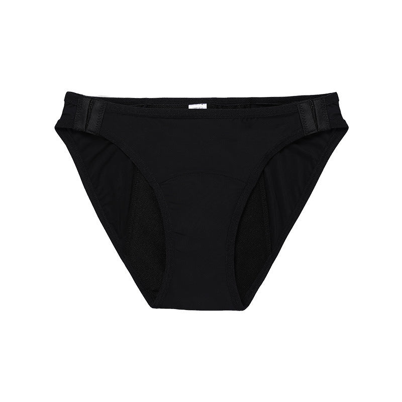 Women's mid-waist menstrual underwear with double hook-button closure.