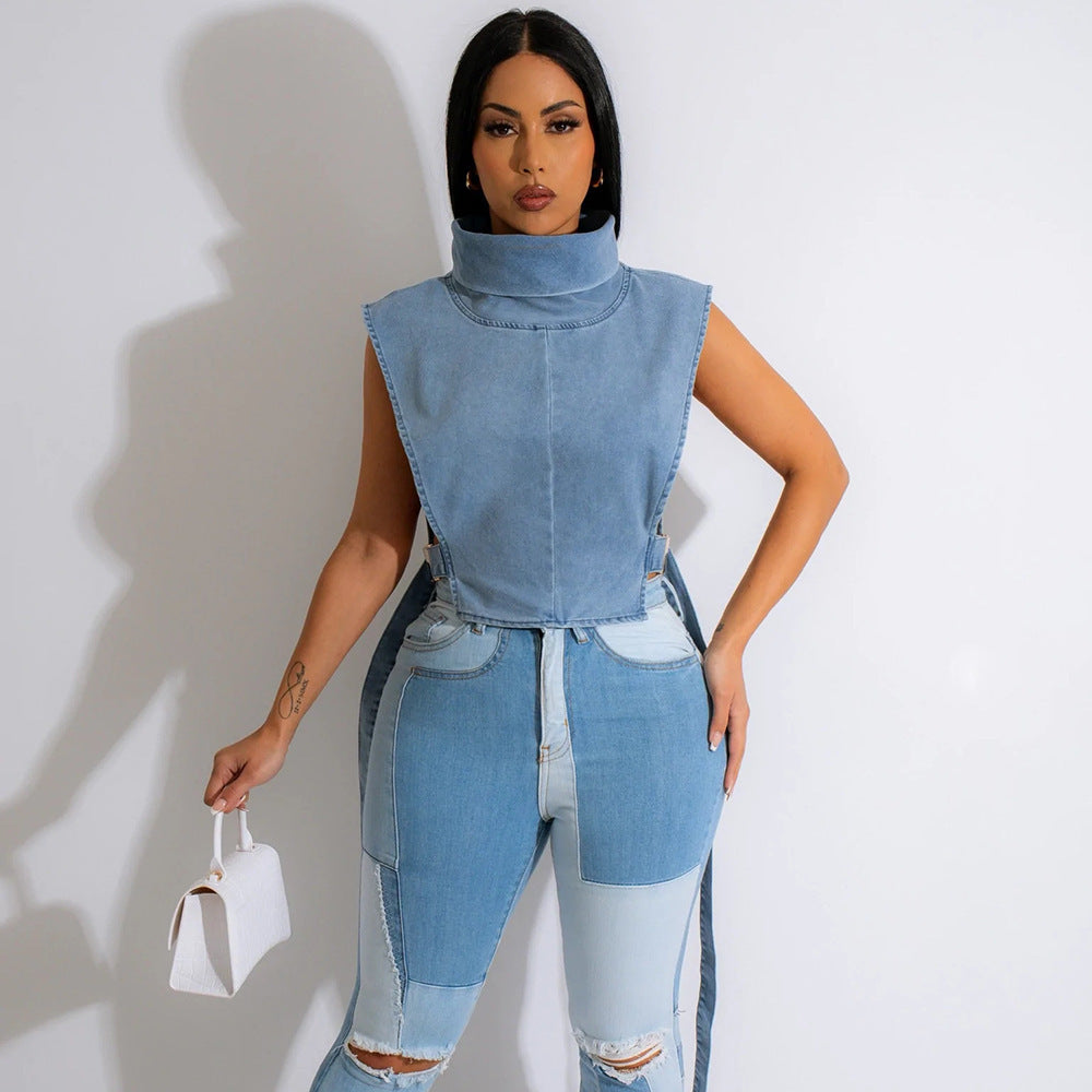 Lace-up Turtleneck Wash Sleeveless Denim Short Vest