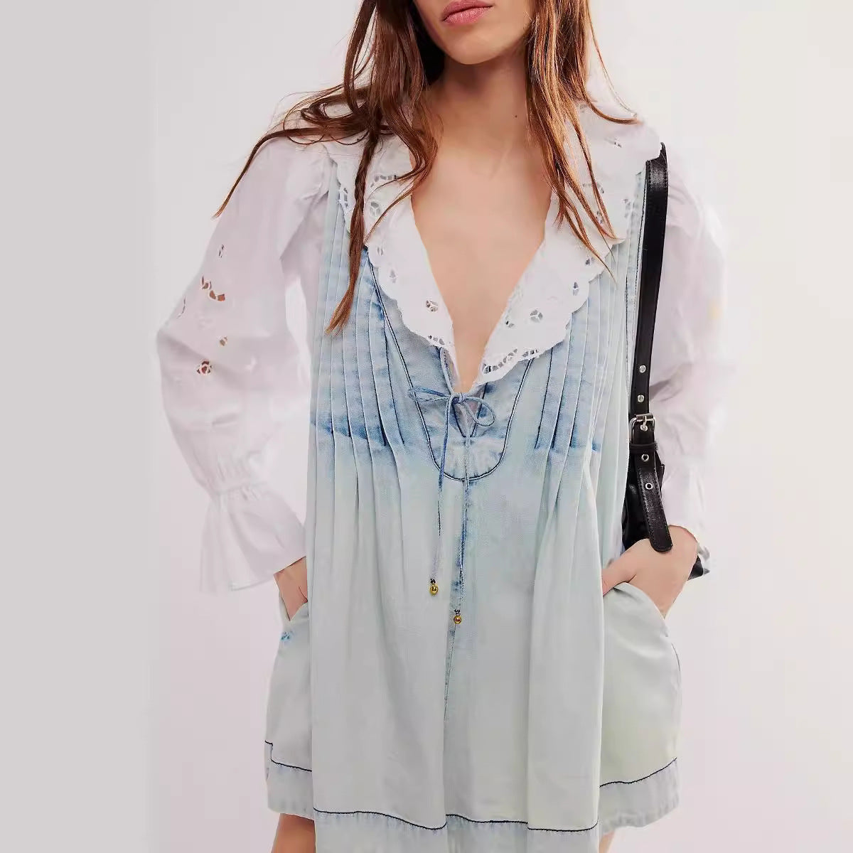 Sleeveless Denim Pleated One-piece Shorts