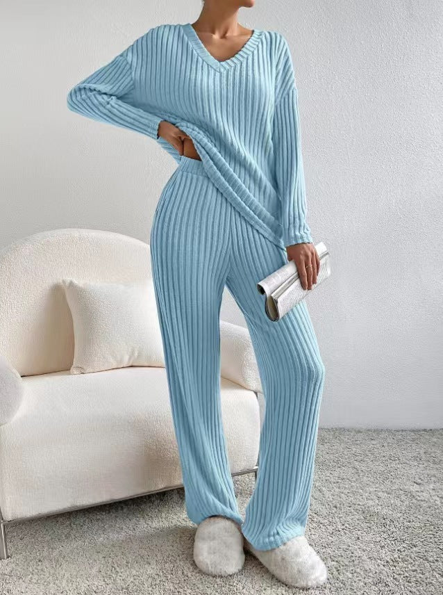 Fashion Straight Loose Temperament V-neck Sunken Stripe Knitting Suit