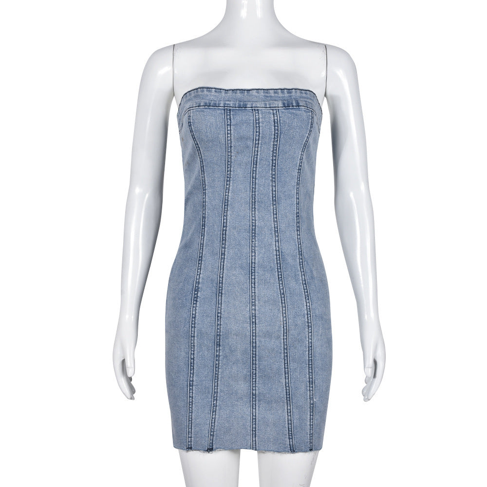 Fashion Backless Tube Denim Dress Summer Sexy Y2K Slim Short Dresses For Women