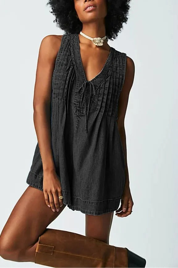 Sleeveless Denim Pleated One-piece Shorts